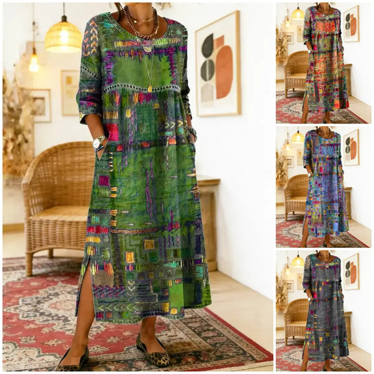 ✨ Zadnji dan, 50% popusta! 【S-5XL】Retro ljetna haljina, okrugli izrez s printom - lagana, prozračna, stagnira i lako se kombinira.