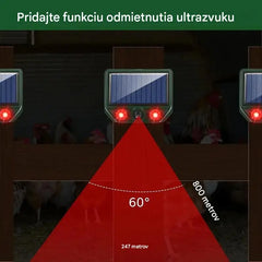 Solárny ultrazvukový repelent na zvieratá do exteriéru, repelent na vtáky s blikajúcim infračerveným svetlom s červenými a modrými LED diódami.