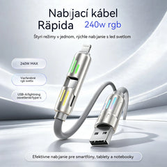 🔥 【2 kusy za 21 eur】 🔥 (dĺžka 2 metre) Kábel 4 v 1 PD 240 W – rýchle nabíjanie cez USB‑C, Lightning a USB‑A, hliník a silikón, synchronizácia dát ⚡📱