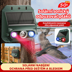 Solárny ultrazvukový repelent na zvieratá do exteriéru, repelent na vtáky s blikajúcim infračerveným svetlom s červenými a modrými LED diódami.
