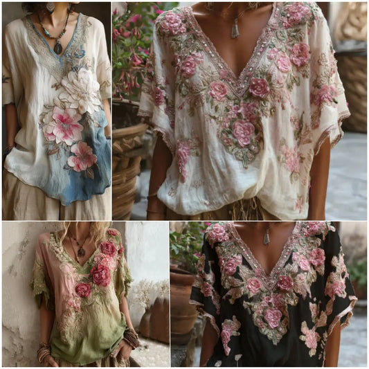 💕 Elegantná košeľa s hlbokým výstrihom do V a kvetinovou potlačou [Časovo obmedzená ponuka: Doprava zdarma] Veľkosti S-4XL