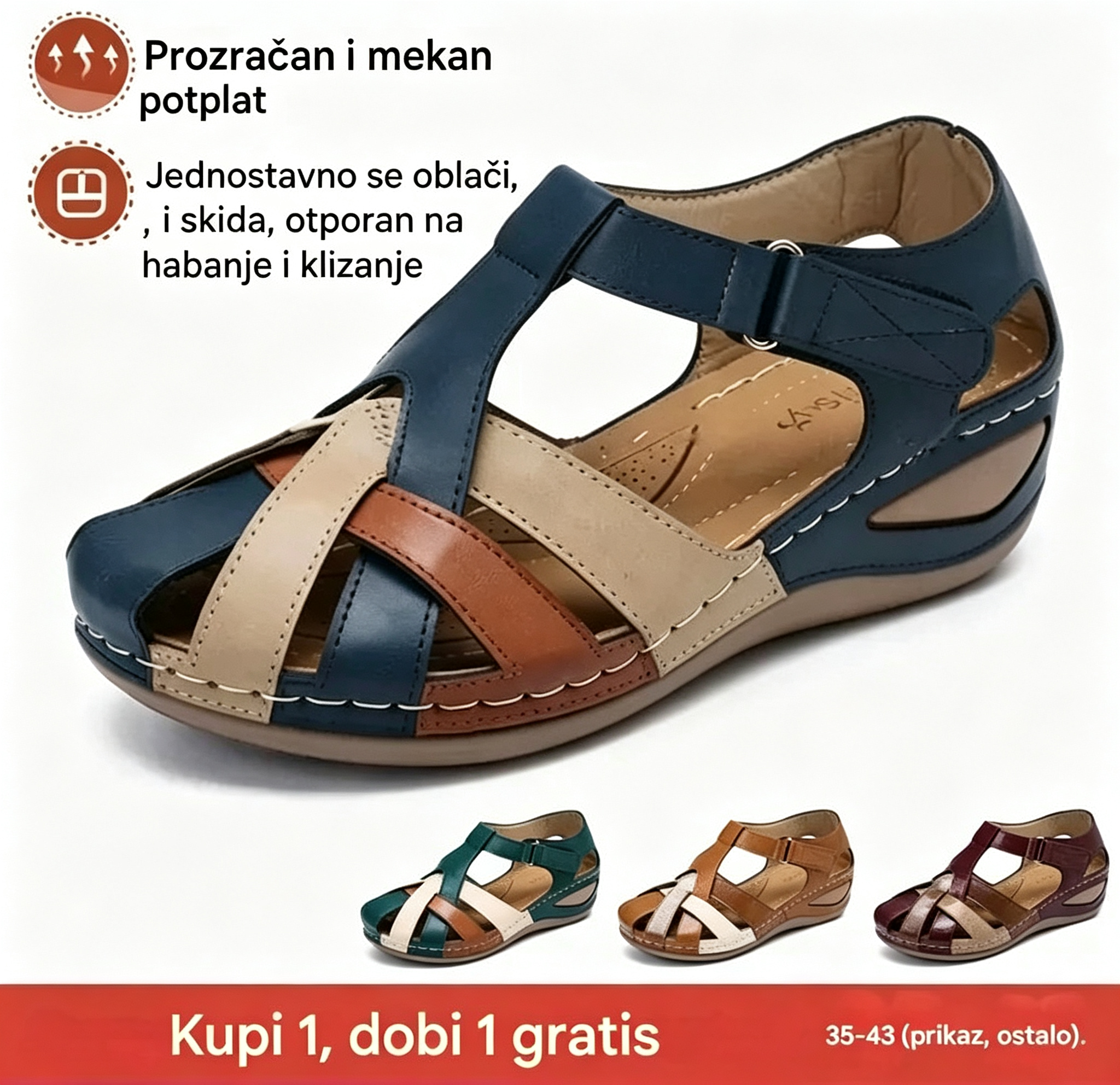 [35-43] Ženske ljetne sandale, izrađene od mekane kože, debeli potplat, šuplji čičak