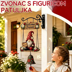 Zvono dobrodošlice s motivom vrtnog patuljka, natpisom "Dobrodošli", vintage brončano zvono, dizajn zida od kovanog željeza i vrtna dekoracija.