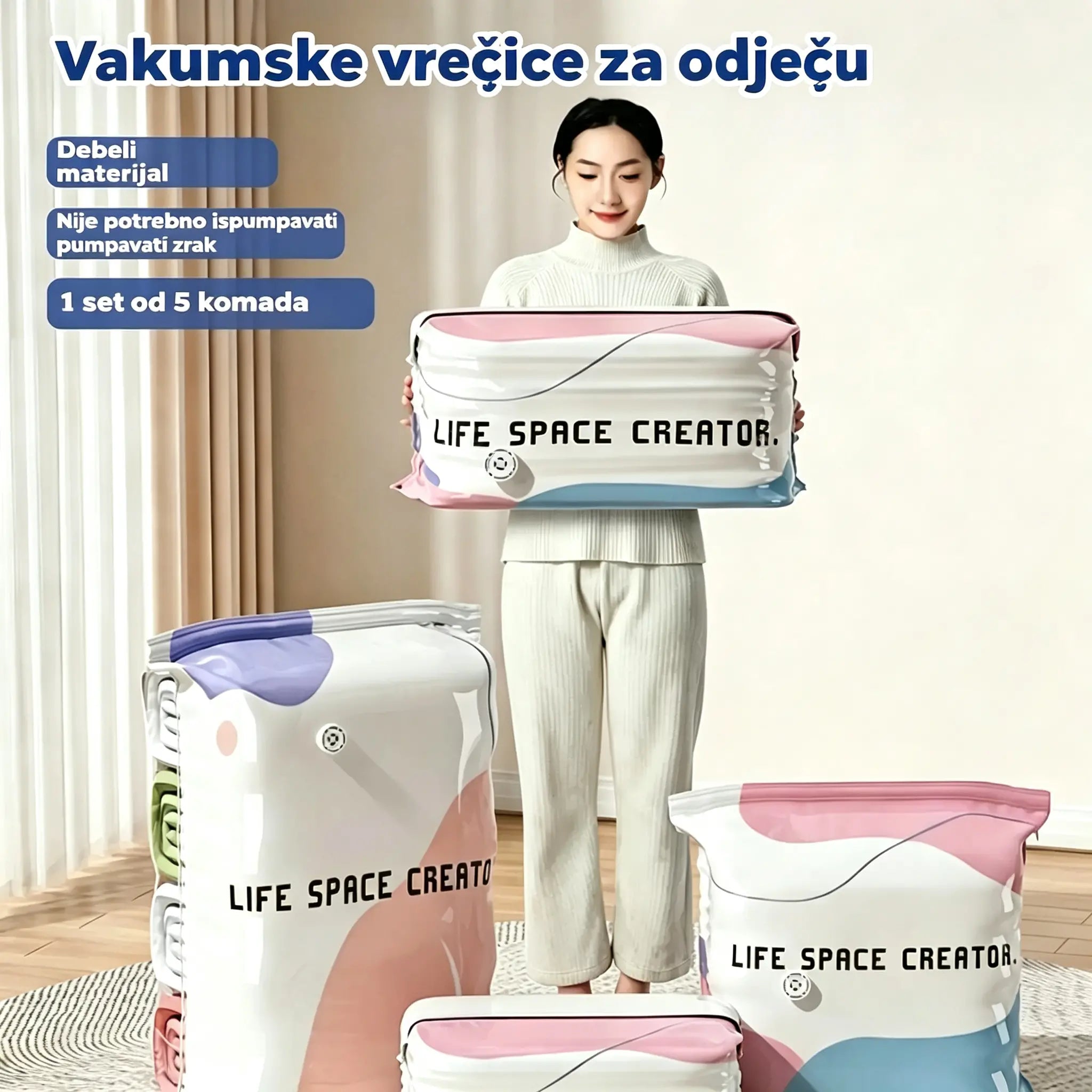 👕📦【Pakiranje od 5!】Vakuumske kompresijske vrećice za odjeću, pumpa nije potrebna | Dvoslojna zadebljana brtvena traka sprječava pucanje i curenje.