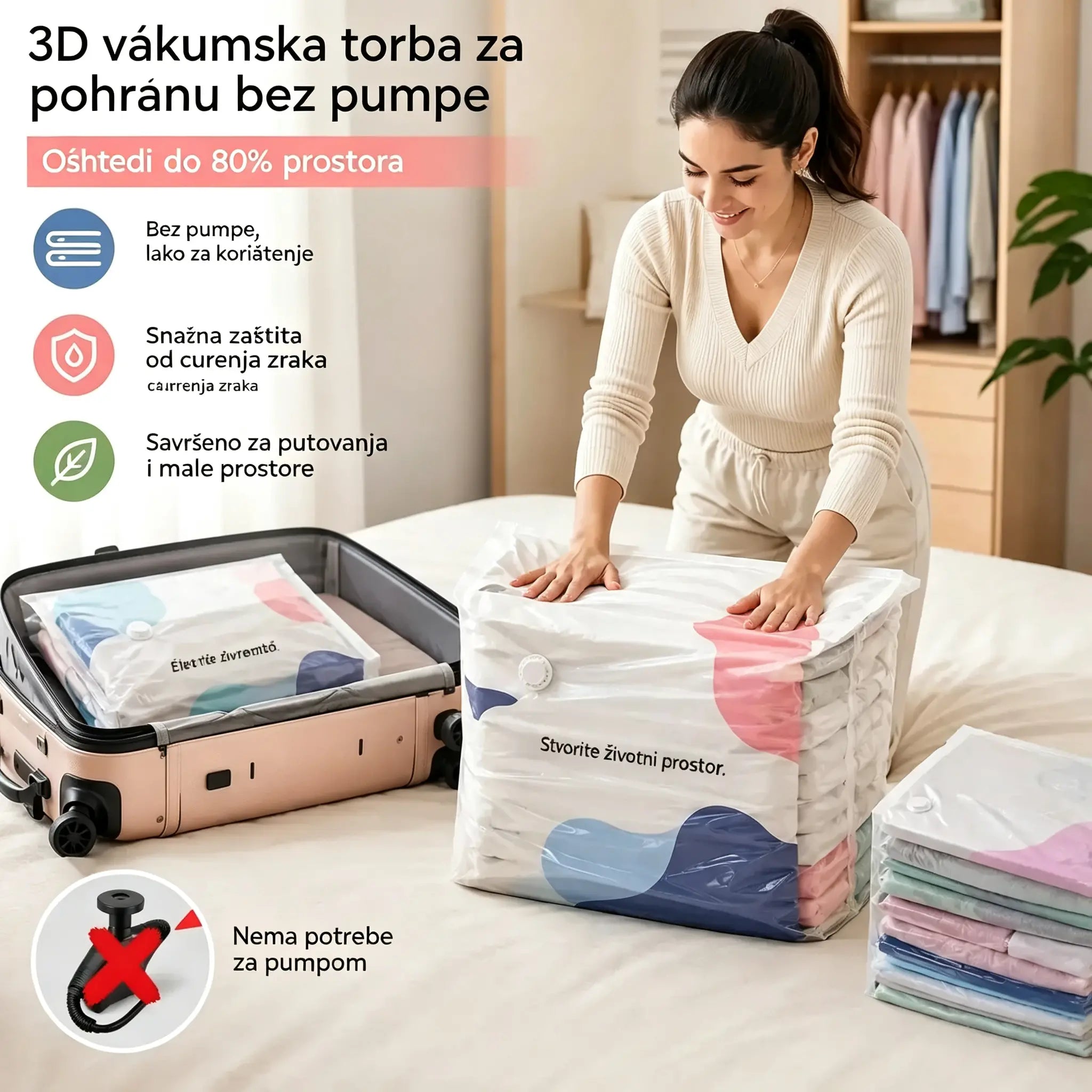 🧳【Set od 5 dijelova, 9600 kubičnih stopa】💨 Vakuumske vrećice za pohranu velikog kapaciteta koje se mogu stlačiti: Nije potrebna pumpa, nepropusne su, idealne za uštedu prostora u koferu i domu ✈️