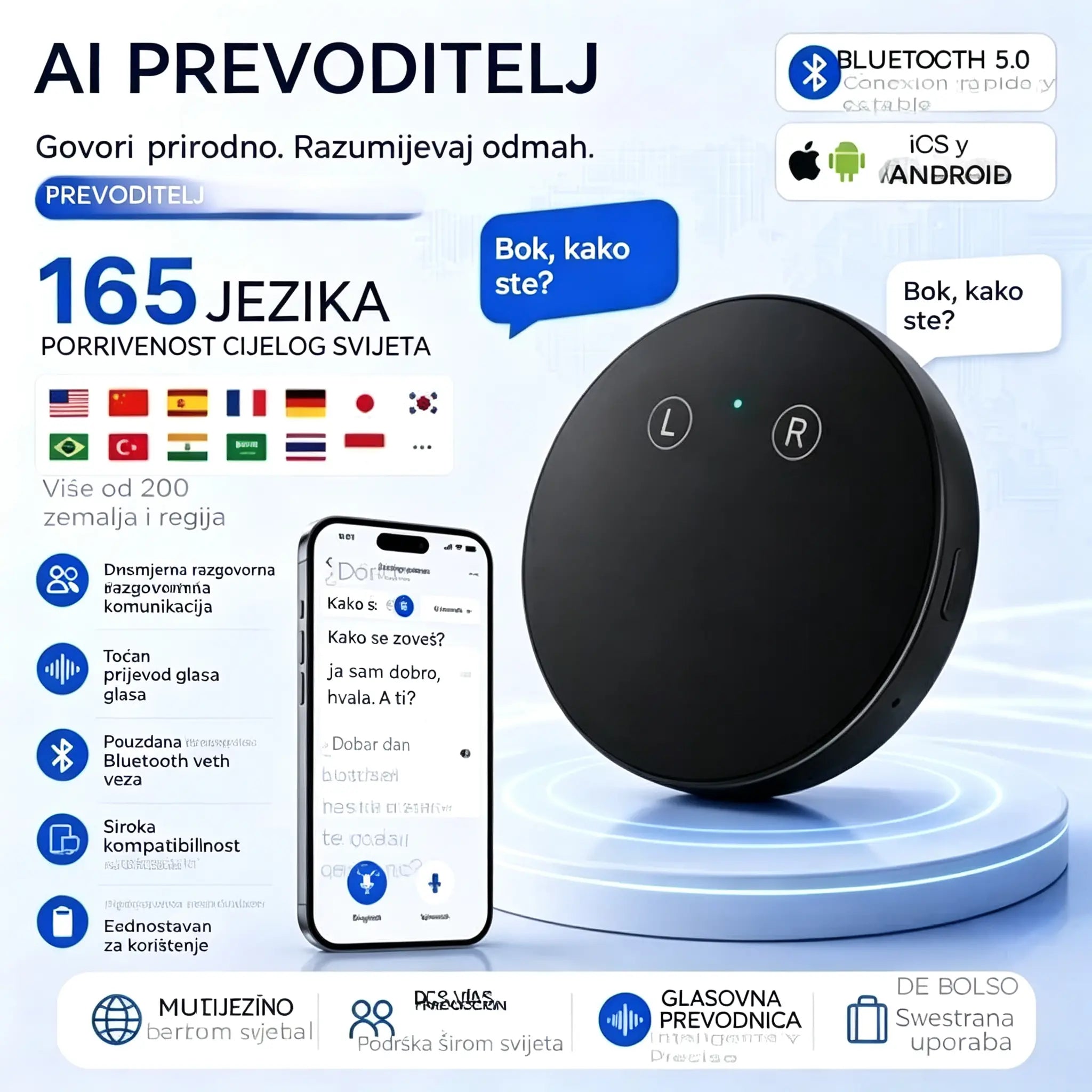 Uređaj za prevođenje jezika s umjetnom inteligencijom – dvosmjerni glasovni prevoditelj u stvarnom vremenu koji podržava više jezika.