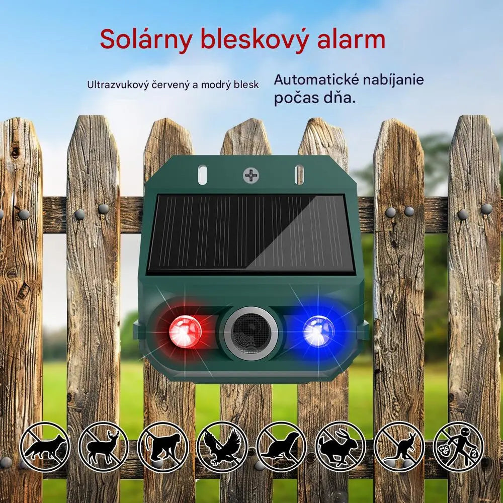 Solárny ultrazvukový repelent na zvieratá do exteriéru, repelent na vtáky s blikajúcim infračerveným svetlom s červenými a modrými LED diódami.