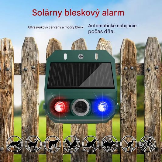 Solárny ultrazvukový repelent na zvieratá do exteriéru, repelent na vtáky s blikajúcim infračerveným svetlom s červenými a modrými LED diódami.