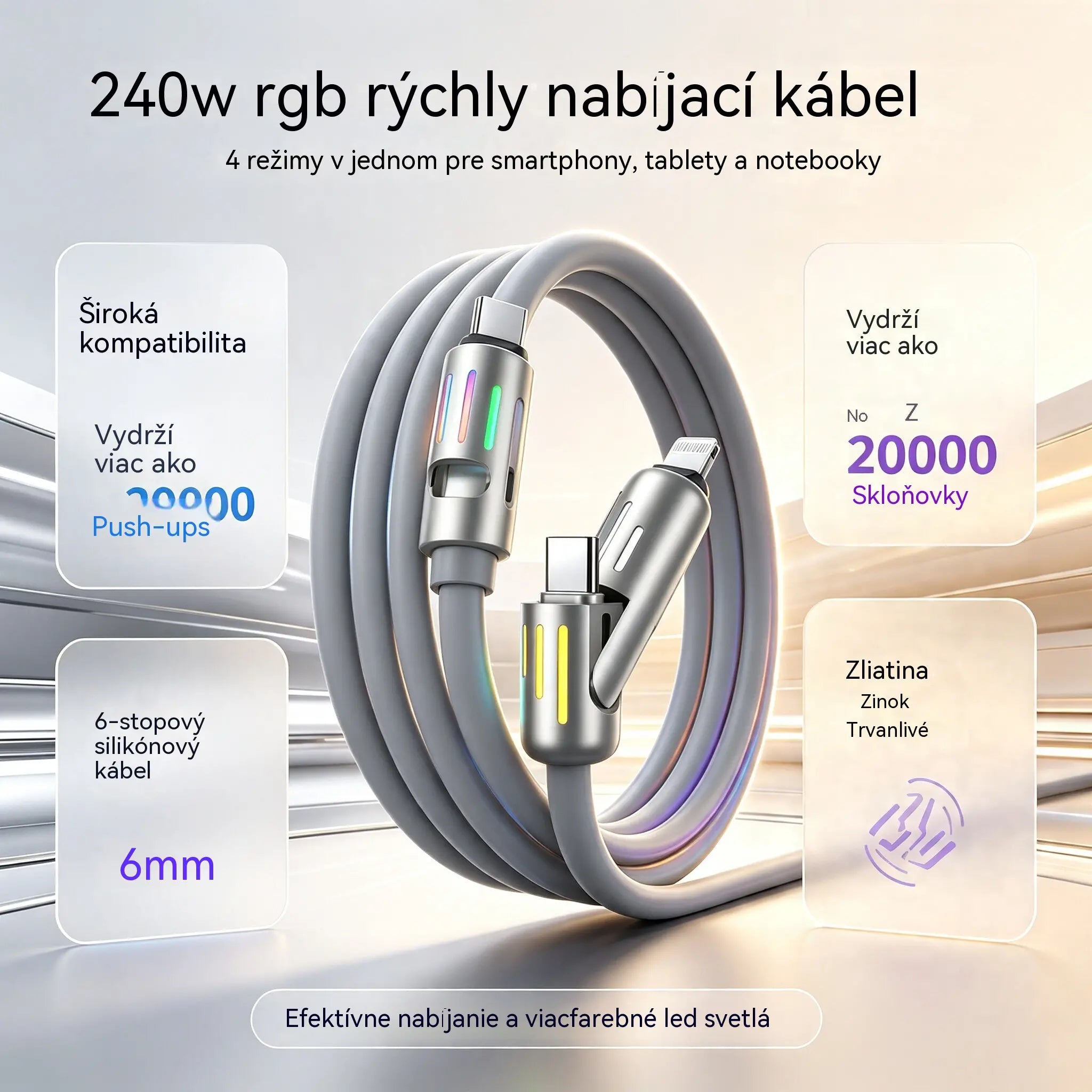 🔥 【2 kusy za 21 eur】 🔥 (dĺžka 2 metre) Kábel 4 v 1 PD 240 W – rýchle nabíjanie cez USB‑C, Lightning a USB‑A, hliník a silikón, synchronizácia dát ⚡📱