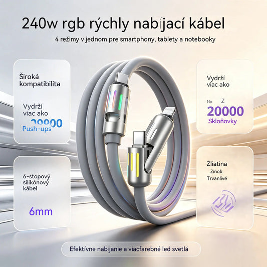 🔥 【2 kusy za 21 eur】 🔥 (dĺžka 2 metre) Kábel 4 v 1 PD 240 W – rýchle nabíjanie cez USB‑C, Lightning a USB‑A, hliník a silikón, synchronizácia dát ⚡📱