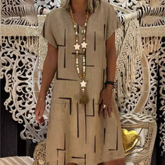 【50% OFF】【🏆 Kúpte 1 a získate 1 zadarmo】👗【S-5XL】Potlačené bavlnené šaty s výstrihom do V
