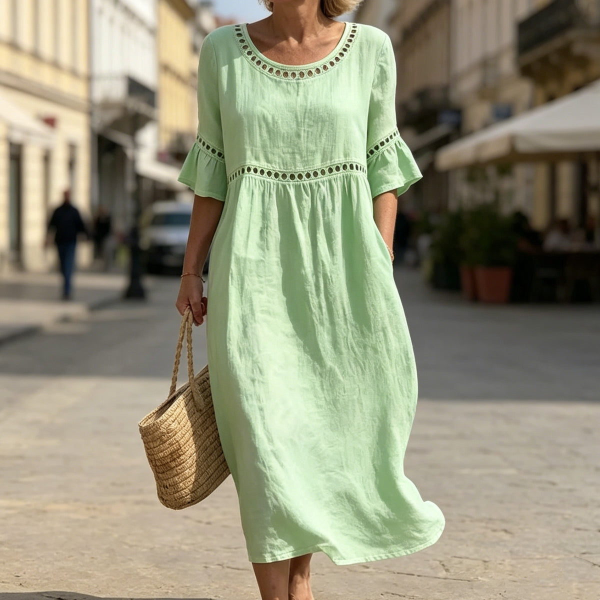 ✨【S–3XL】Dámske bavlnené ľanové šaty slim fit strihom, okrúhly výstrih, nafúknuté rukávy, priedušné a mäkké, pohodlné na nosenie