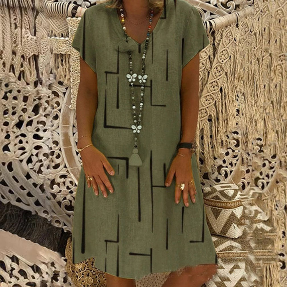 【50% OFF】【🏆 Kúpte 1 a získate 1 zadarmo】👗【S-5XL】Potlačené bavlnené šaty s výstrihom do V