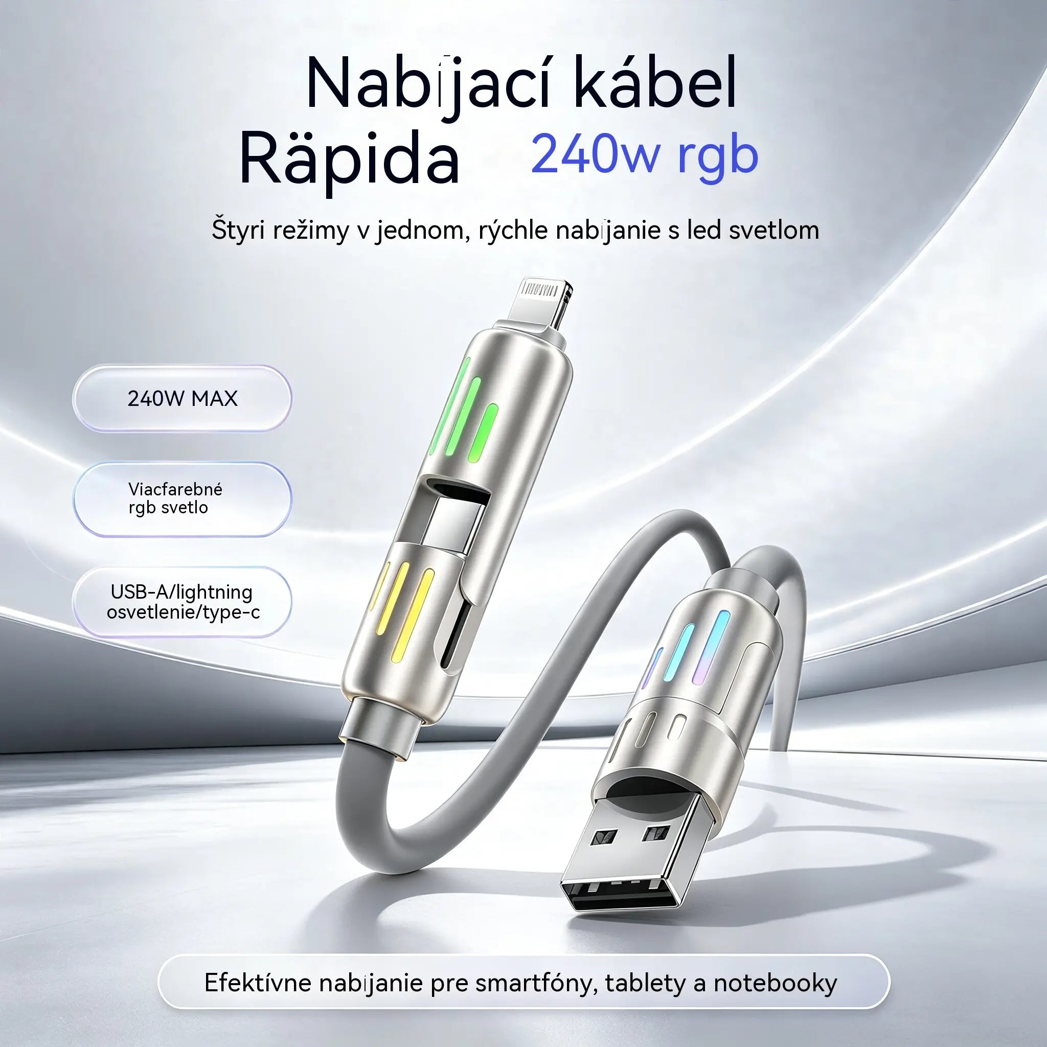 🔥 【2 kusy za 21 eur】 🔥 (dĺžka 2 metre) Kábel 4 v 1 PD 240 W – rýchle nabíjanie cez USB‑C, Lightning a USB‑A, hliník a silikón, synchronizácia dát ⚡📱