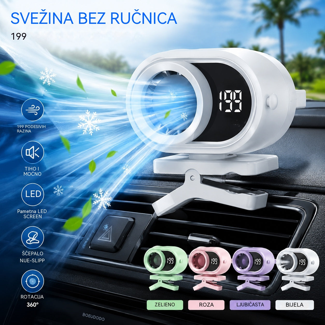 🌀 Ventilator bez upotrebe ruku s LED zaslonom, integriranom kopčom i 199 podesivih razina