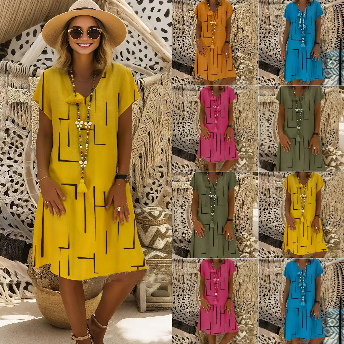 【50% OFF】【🏆 Kúpte 1 a získate 1 zadarmo】👗【S-5XL】Potlačené bavlnené šaty s výstrihom do V