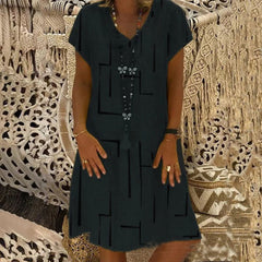 【50% OFF】【🏆 Kúpte 1 a získate 1 zadarmo】👗【S-5XL】Potlačené bavlnené šaty s výstrihom do V