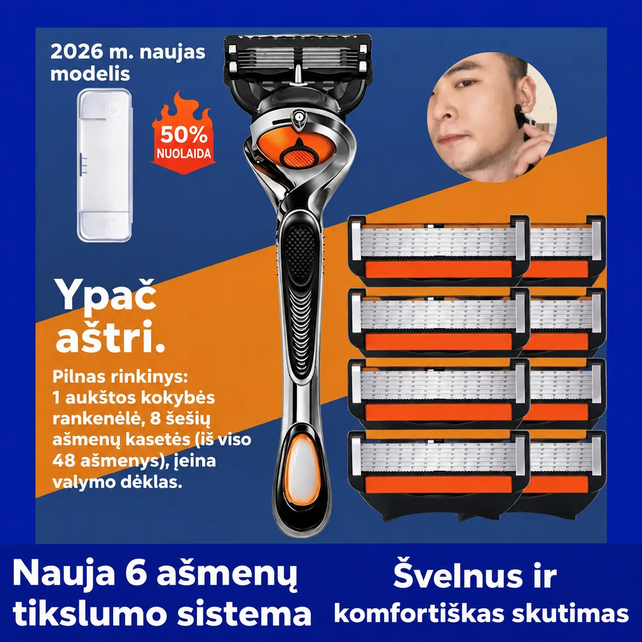 🔥[Riboto laiko pasiūlymas] Vyrų skustuvo keičiamų galvučių rinkinys + skustuvo stovas | Sklandus ir tikslus skutimasis 🪒✨