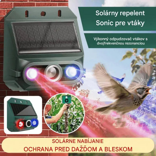 Solárny ultrazvukový repelent na zvieratá do exteriéru, repelent na vtáky s blikajúcim infračerveným svetlom s červenými a modrými LED diódami.