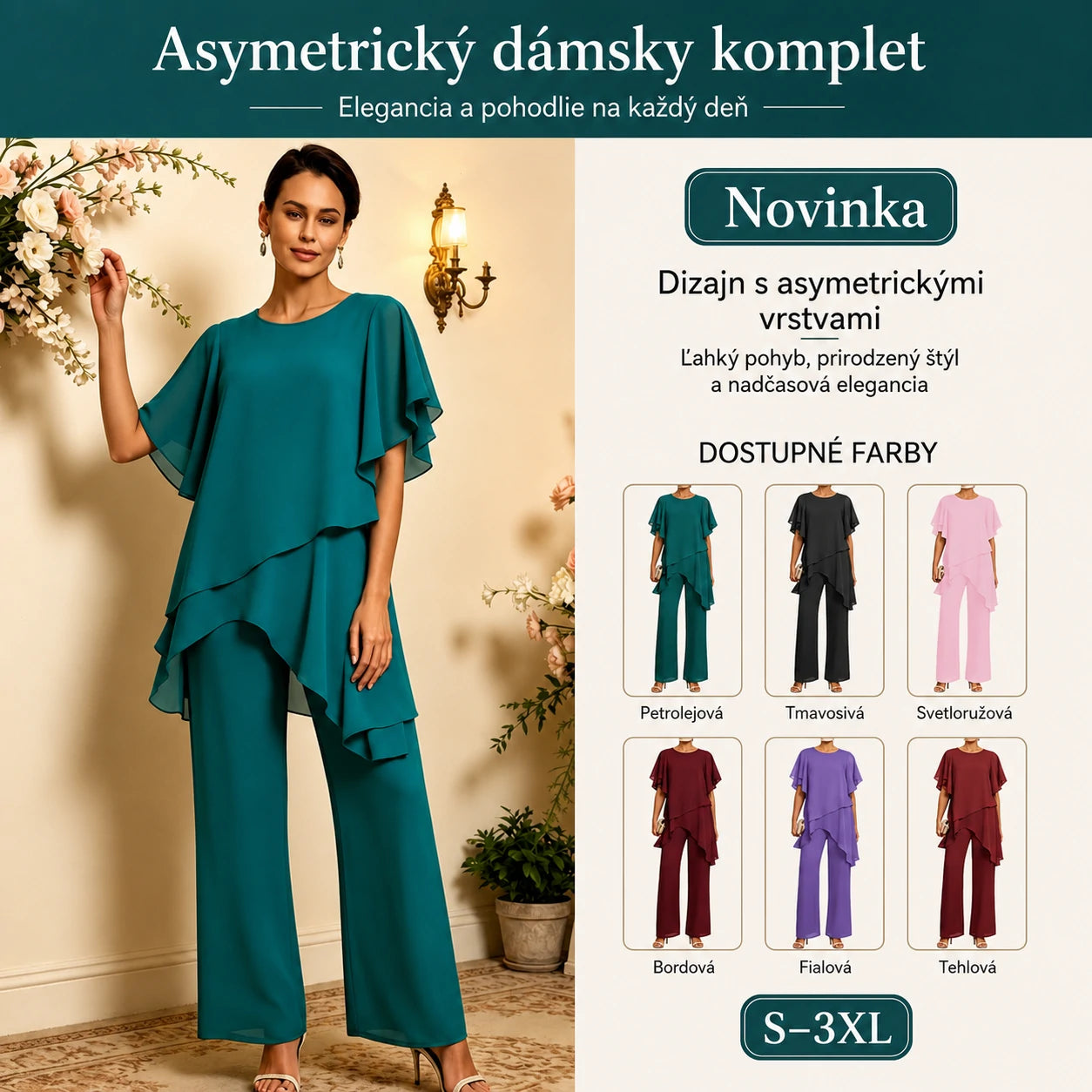✨【S–3XL】Elegantný šifónový komplet: asymetrický top s volánmi a široké nohavice – sofistikovaný vzhľad na spoločenské udalosti🔥