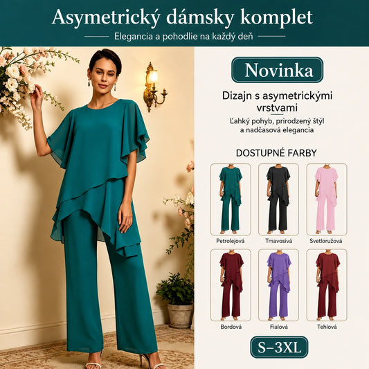 ✨【S–3XL】Elegantný šifónový komplet: asymetrický top s volánmi a široké nohavice – sofistikovaný vzhľad na spoločenské udalosti🔥