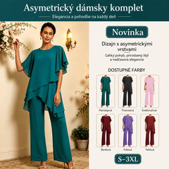 ✨【S–3XL】Elegantný šifónový komplet: asymetrický top s volánmi a široké nohavice – sofistikovaný vzhľad na spoločenské udalosti🔥