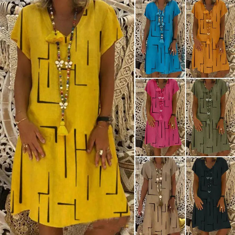【50% OFF】【🏆 Kúpte 1 a získate 1 zadarmo】👗【S-5XL】Potlačené bavlnené šaty s výstrihom do V