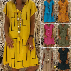 【50% OFF】【🏆 Kúpte 1 a získate 1 zadarmo】👗【S-5XL】Potlačené bavlnené šaty s výstrihom do V