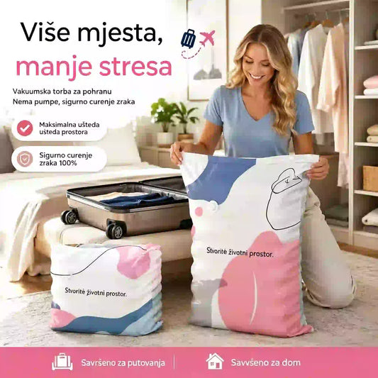 🧳【Set od 5 dijelova】💨 Vakuumske vrećice za pohranu velikog kapaciteta koje se mogu stlačiti: Nije potrebna pumpa, nepropusne su, idealne za uštedu prostora u koferu i domu ✈️