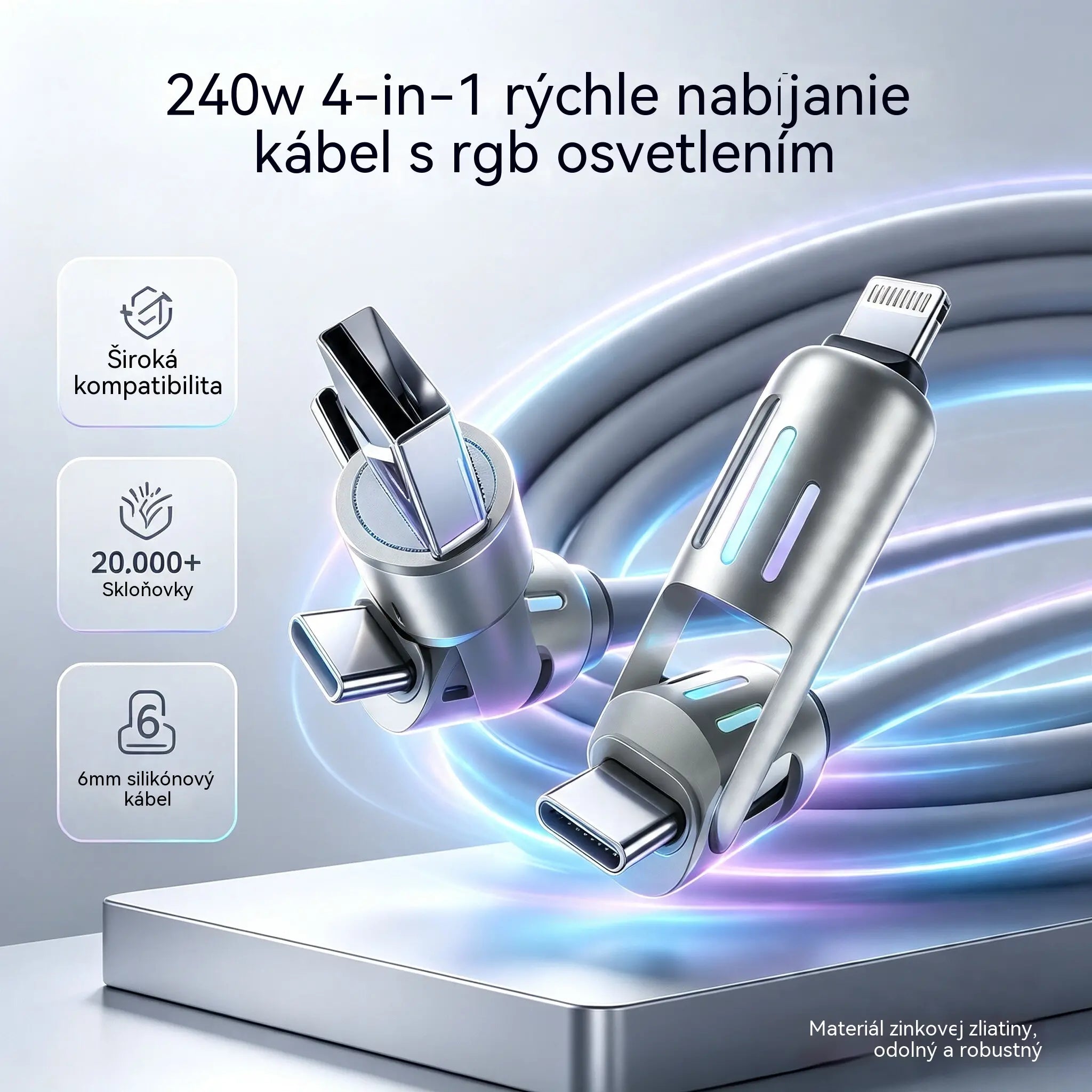 🔥 【2 kusy za 21 eur】 🔥 (dĺžka 2 metre) Kábel 4 v 1 PD 240 W – rýchle nabíjanie cez USB‑C, Lightning a USB‑A, hliník a silikón, synchronizácia dát ⚡📱