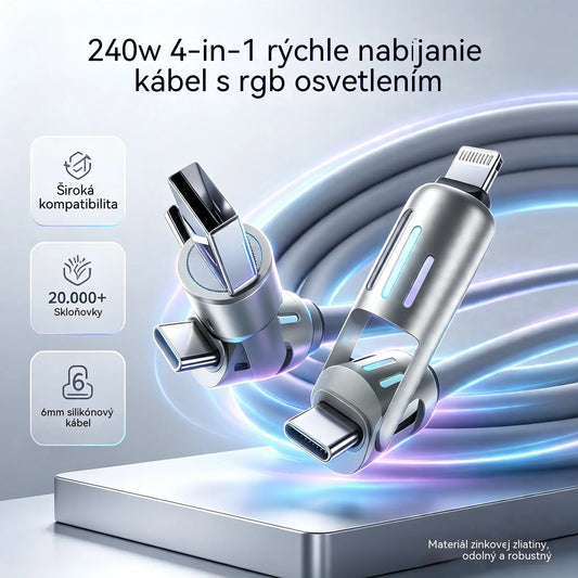 🔥 【2 kusy za 21 eur】 🔥 (dĺžka 2 metre) Kábel 4 v 1 PD 240 W – rýchle nabíjanie cez USB‑C, Lightning a USB‑A, hliník a silikón, synchronizácia dát ⚡📱